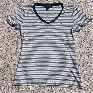 Tommy Hilfiger V neck mid weight striped tee Blue grey red embroidered logo S
